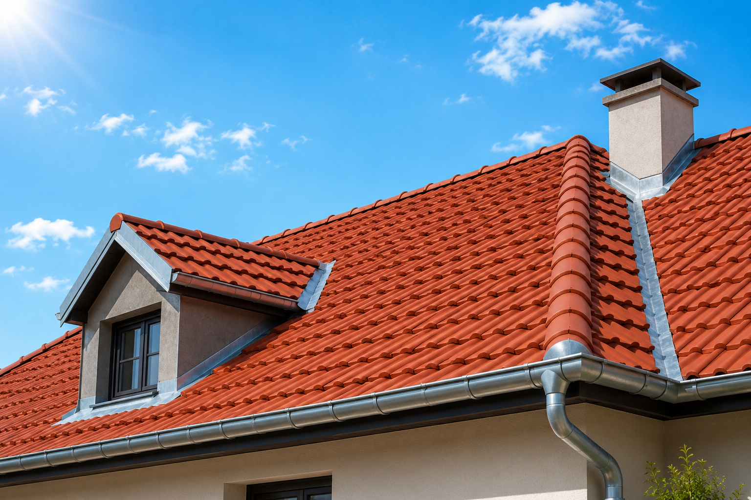 Toiture rénovée avec tuiles rouges sous un ciel bleu